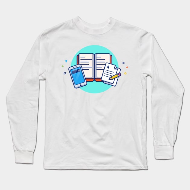 Hand Phone, Book, Paper, And Pencil Cartoon Long Sleeve T-Shirt by Catalyst Labs